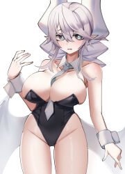  1girl absurdres black_leotard breasts cotan_(actancyaga) cowboy_shot demon_girl demon_horns demon_wings detached_collar drill_hair duel_monster grey_eyes grey_hair highleg highres horns large_breasts leotard lovely_labrynth_of_the_silver_castle low_wings necktie pointy_ears solo strapless strapless_leotard twin_drills white_necktie white_wings wings yu-gi-oh! 