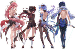 4girls absurdres ahoge arms_behind_back ass asymmetrical_gloves backless_outfit bare_back bare_shoulders black_headwear black_leotard black_nails black_pantyhose black_shorts blue_hair bodystocking boots bow breasts chinese_knot closed_mouth coat collared_coat commentary commentary_request contrapposto detached_sleeves earrings elbow_gloves english_commentary fingerless_gloves flower flower_knot from_behind full_body ganyu_(genshin_impact) genshin_impact gloves goat_horns gold_trim hair_between_eyes hair_ornament hat hat_flower high_heel_boots high_heels highleg highleg_leotard highres holding_own_wrist horns hu_tao_(genshin_impact) japanese_clothes jewelry legs_apart leotard leotard_under_clothes long_hair long_sleeves looking_at_viewer looking_back low_ponytail medium_breasts medium_hair multiple_girls multiple_rings no_gloves okobo panties pantyhose pelvic_curtain pink_hair platform_sandals plum_blossoms ponytail porkpie_hat profile rhtkd ring sandals short_hair shorts shoulder_blades sideboob standing tailcoat tassel thigh_boots thigh_gap thighlet thumb_ring underwear vision_(genshin_impact) waist_cape white_background white_panties white_sleeves wind yae_miko yelan_(genshin_impact) rating:Sensitive score:54 user:danbooru