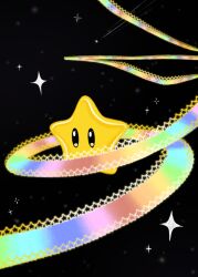  absurdres black_background bright_pupils cozykakapo highres mario_(series) mario_kart mario_kart_64 nintendo no_humans rainbow rainbow_road shooting_star space sparkle star_(sky) star_(symbol) super_star_(mario) white_pupils 