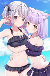  2girls animal_ears arm_up armpits beach bikini black_bikini breasts cat_ears cat_girl ghost_hair_ornament hair_ornament highres hug multicolored_hair multiple_girls nail_polish navel ocean pink_hair pink_streaks purple_bikini purple_hair rabbit_hair_ornament ribbon shinomiya_runa short_eyebrows single_hair_streak small_breasts streaked_hair swimsuit thick_eyebrows toketa-sekai tongue tongue_out tosaki_mimi virtual_youtuber vspo! yellow_eyes 