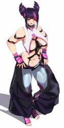 1girl black_hair blush bracelet breasts collar eyes_visible_through_hair feet fingerless_gloves full_body gloves hair_horns han_juri hands_on_own_hips jewelry large_breasts looking_at_viewer monoi_daru navel one_eye_covered pants smile spiked_bracelet spiked_collar spikes street_fighter street_fighter_6 sukai_222 toeless_legwear white_background