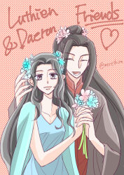 1boy 1girl artist_name black_hair blue_dress bouquet brother_and_sister character_name closed_eyes closed_mouth collar collarbone daeron dress elf english_text flower hair_flower hair_ornament heart holding holding_bouquet holding_flower holding_hands long_hair looking_at_viewer lower_teeth_only luthien merethion open_mouth parted_bangs pointy_ears prince princess robe siblings teeth the_silmarillion tolkien&#039;s_legendarium twitter_username