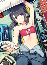  1girl ahoge allen_wrench arm_up armpits ayase_(ayasegiken) bandeau bare_shoulders bikini bikini_under_clothes black_hair blush box-end_wrench breasts breasts_apart car cleavage cleavage_cutout clothes_around_waist clothing_cutout collarbone cowboy_shot creeper_(tool) dutch_angle female_focus foreshortening from_above front-tie_top gloves hair_ornament holding jack_stand jumpsuit light_smile long_hair looking_at_viewer lying mechanic motor_vehicle my_pretty_tools narrow_waist navel on_back original outstretched_arm pliers product_placement purple_eyes red_bikini screwdriver shirt shirt_around_waist short_hair short_twintails smile snap-on socket socket_wrench solo swimsuit swimsuit_under_clothes toolbox twintails wrench  rating:Questionable score:69 user:danbooru