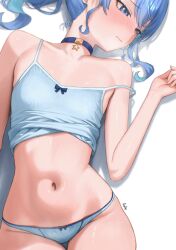  1girl absurdres averting_eyes blue_choker blue_eyes blue_hair blue_panties blush bow bow_panties camisole choker closed_mouth commentary crop_top diptip double-parted_bangs english_commentary flat_chest hair_between_eyes highres hololive hoshimachi_suisei linea_alba lying medium_hair midriff navel no_pants on_back panties pendant_choker side_ponytail sidelocks simple_background solo spaghetti_strap star_(symbol) star_in_eye star_pendant symbol_in_eye underwear virtual_youtuber white_background 