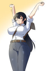  1girl arato_nagi arms_up belt between_breasts blue_pants breasts closed_eyes closed_mouth collared_shirt commentary_request denim ear_piercing earrings gradient_background highres jeans jewelry large_breasts long_hair long_sleeves pants piercing ruri_no_houseki shirt shirt_tucked_in signature sleeves_rolled_up solo sosnastim standing strap_between_breasts stretching stud_earrings very_long_hair white_background white_shirt yellow_background 