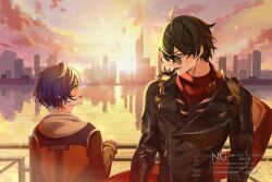  1boy 1girl ahoge black_hair black_jacket blush cityscape green_eyes highres jacket leather leather_jacket lighter_(zenless_zone_zero) looking_at_another nikumaipan red_scarf scarf short_hair shoulder_spikes smile spiked_jacket spikes sunglasses sunset upper_body zenless_zone_zero 