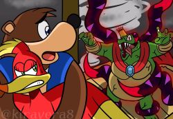 aura banjo-kazooie banjo_(banjo-kazooie) cape corruption crossover crown dark_persona dharkon donkey_kong_(series) glowing hal_laboratory highres kazooie_(banjo-kazooie) king_k._rool kiravera8 nintendo open_mouth possessed possession red_eyes scared sharp_teeth slit_pupils standing super_smash_bros. sweat sweatdrop teeth tentacles tongue tongue_out veins watermark rating:Sensitive score:3 user:danbooru