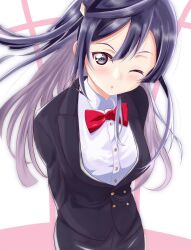  1girl ;o birthday black_hair blush bow bowtie grey_eyes highres long_hair looking_at_viewer love_live! love_live!_nijigasaki_high_school_idol_club one_eye_closed ruttsu solo upper_body yuki_setsuna 