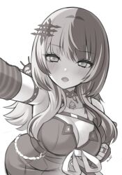  1girl absurdres arm_strap arm_warmers breasts choker cleavage commentary dress greyscale hair_ornament highres hololive hololive_english huusri jewelry large_breasts long_hair looking_at_viewer monochrome multicolored_hair open_mouth ribbon ring shiori_novella shiori_novella_(1st_costume) solo split-color_hair virtual_youtuber yorick_(shiori_novella) 