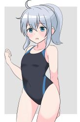  1girl absurdres ahoge black_one-piece_swimsuit breasts contrapposto covered_navel cowboy_shot green_eyes grey_background grey_hair hibiki_(kancolle) highleg highleg_one-piece_swimsuit highres kantai_collection noruren one-piece_swimsuit ponytail simple_background small_breasts solo swimsuit 