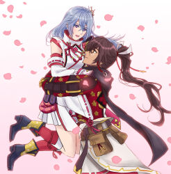  1boy 1girl armor belt_pouch brown_hair hair_ornament japanese_clothes kaguya_(rune_factory) long_hair ponytail pouch purple_eyes rune_factory rune_factory:_guardians_of_azuma shoulder_armor subaru_(rune_factory) thighs white_hair  rating:General score:1 user:Loctekk