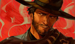  1boy a_fistful_of_dollars absurdres beard black_hair clint_eastwood cowboy cowboy_hat cowboy_western facial_hair ghostsberry hat highres looking_at_viewer looking_to_the_side male_focus man_with_no_name poncho red_background shirt short_hair simple_background solo the_good_the_bad_and_the_ugly western 