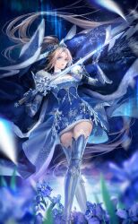  1girl absurdly_long_hair armor armored_boots artist_request aurora blonde_hair blue_boots blue_cape blue_collar blue_dress blue_eyes boots cape collar detached_collar determined dress dusk faulds feet_out_of_frame field floating_cape floating_clothes floating_hair flower flower_field frilled_collar frills frown fur-trimmed_cape fur-trimmed_dress fur_trim furrowed_brow game_cg gauntlets hair_floating_upwards high_ponytail highres holding holding_sword holding_weapon iris_(flower) lace lace_thighhighs light_particles long_hair magic nikki_(series) ode_of_frosty_sword_(shining_nikki) official_art outdoors parted_lips ponytail purple_flower shining_nikki short_dress sky snowflake_print solo standing star_(sky) starry_sky sword thigh_boots thighhighs very_long_hair visor_(armor) weapon white_thighhighs yunikina_(shining_nikki) zettai_ryouiki 