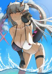  1girl arknights bare_shoulders bent_over bikini black_gloves blush breasts cleavage closed_mouth dragon_girl dragon_horns elbow_gloves fingerless_gloves gloves grey_hair hair_between_eyes hand_on_own_thigh highres horns large_breasts long_hair looking_at_viewer multicolored_bikini navel orange_eyes saria_(arknights) shinhima solo swimsuit thigh_strap white_bikini 