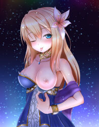  1girl ;p aneten bare_shoulders blonde_hair blue_dress blue_eyes blush bracelet breasts clothes_pull collar dress dress_pull emil_chronicle_online flower hair_flower hair_ornament highres jewelry large_breasts le_fay_lore long_hair looking_at_viewer nipples one_eye_closed tongue tongue_out upper_body 