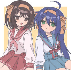  2girls :3 :d armband blue_eyes blue_hair blue_sailor_collar blue_skirt brown_hair company_name cosplay costume_switch crossover green_eyes hair_ribbon hairband highres hirano_aya izumi_konata izumi_konata_(cosplay) kita_high_school_uniform long_hair long_sleeves lucky_star medium_hair mole mole_under_eye multiple_girls nanonome neckerchief open_mouth pink_neckerchief pleated_skirt red_armband red_ribbon red_sailor_collar red_skirt ribbon ryouou_school_uniform sailor_collar school_uniform serafuku shirt sitting skirt smile suzumiya_haruhi suzumiya_haruhi_(cosplay) suzumiya_haruhi_no_yuuutsu tongue voice_actor_connection white_shirt winter_uniform yellow_hairband yellow_ribbon 
