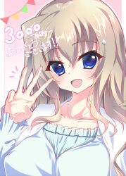  1girl 9-nine- :d absurdres blue_dress blue_eyes blush breasts brown_hair commentary_request diamond_hair_ornament dress eyes_visible_through_hair hair_between_eyes hand_up happy highres jewelry kujou_miyako large_breasts long_hair long_sleeves looking_at_viewer milestone_celebration necklace notice_lines open_mouth outline pink_background sidelocks simple_background smile solo star_(symbol) star_necklace sukonbu385 translation_request upper_body watermark white_outline 