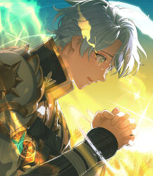  1boy absurdres antenna_hair armor black_shirt blue_eyes coat commentary_request crying crying_with_eyes_open dutch_angle eye_trail from_side highres honkai:_star_rail honkai_(series) kamino_eru light_trail male_focus open_mouth own_hands_clasped own_hands_together parted_bangs pauldrons phainon_(honkai:_star_rail) shirt short_hair shoulder_armor single_pauldron solo tears watermark wheat_field white_coat white_hair 
