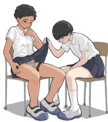  2girls black_hair blush bowl_cut clothes_lift egg_vibrator female_focus glasses highres multiple_girls noe_aoikaba open_mouth original pixie_cut pleated_skirt school_uniform sex_toy shirt shoes short_hair short_sleeves skirt skirt_lift socks tan tomboy uwabaki vibrator vibrator_cord vibrator_in_thigh_strap vibrator_under_clothes white_shirt yuri  rating:Questionable score:128 user:danbooru