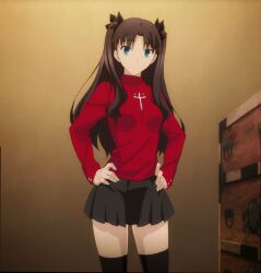  1girl anime_screenshot black_bow black_hair black_ribbon black_skirt black_socks black_thighhighs blue_eyes bow breasts closed_mouth fate/stay_night fate/stay_night_unlimited_blade_works fate/unlimited_blade_works fate_(series) female_focus hair_bow hair_ribbon hands_on_own_hips highres indoors legs long_hair long_sleeves looking_at_viewer miniskirt parted_bangs pleated_skirt red_sweater ribbon skirt small_breasts socks solo solo_focus sweater thighhighs thighs tohsaka_rin turtleneck turtleneck_sweater twintails ufotable zettai_ryouiki 