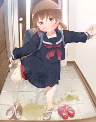  1girl 22m absurdres backpack bag black_bag black_sailor_collar black_shirt black_skirt blush brown_eyes brown_hair closed_mouth commentary_request commission embarrassed full_body highres huge_filesize indoors large_variant_set loli long_sleeves looking_at_viewer miniskirt neckerchief original pee pee_puddle peeing peeing_self red_neckerchief red_shorts sailor_collar school_uniform serafuku shirt short_hair shorts shorts_under_skirt skeb_commission skirt solo standing standing_on_one_leg twintails variant_set 