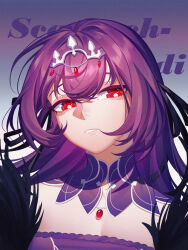  1girl absurdres character_name commentary detached_collar dress erchongbaojun expressionless fate/grand_order fate_(series) feather-trimmed_dress feather_trim highres long_hair parted_lips purple_dress purple_hair red_eyes scathach_(fate) scathach_skadi_(fate) solo tiara 
