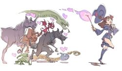  10s 1girl beard belt boots brown_eyes chasing creature demon dragon_quest dress dwarf facial_hair flying full_body hammer hat heart holding holding_wand horse kagari_atsuko knee_boots leg_up little_witch_academia long_sleeves looking_at_viewer magic monster no_socks o_o official_art open_mouth purple_dress purple_hat running sharp_teeth short_dress simple_background slime_(creature) slime_(dragon_quest) slime_(substance) snake teeth tentacles tongue topknot trigger_(company) unicorn walking wand werewolf white_background wide_sleeves witch_hat wolf yoshinari_you 