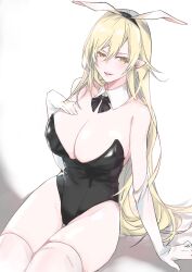  1girl animal_ears bare_shoulders black_leotard blonde_hair bow bowtie breasts cleavage collarbone detached_collar elbow_gloves fake_animal_ears gloves hand_on_own_chest highleg highleg_leotard highres kiss-shot_acerola-orion_heart-under-blade kizumonogatari large_breasts leotard long_hair monogatari_(series) oshino_shinobu playboy_bunny pointy_ears rabbit_ears simple_background smile solo strapless strapless_leotard thighhighs traditional_bowtie usa003uni vampire very_long_hair white_gloves white_thighhighs yellow_eyes 