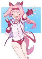  1girl :d ^_^ absurdres animal_ears bandaid bandaid_on_leg bow buruma clenched_hand closed_eyes ear_bow ear_covers facing_viewer fingerless_gloves freely2327 gloves haru_urara_(umamusume) headband highres horse_ears horse_girl horse_tail jacket long_hair long_sleeves open_mouth outstretched_arm pink_hair ponytail red_buruma red_gloves red_headband shirt smile solo tail umamusume white_bow white_jacket white_shirt 