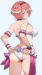  1girl absurdres adjusting_clothes adjusting_swimsuit arm_garter ass bikini bikini_skirt blue_eyes blush breasts frilled_bikini frills hair_between_eyes hairband head_wings highres hololive hololive_summer_2022_swimsuit large_breasts looking_at_viewer pink_hair print_bikini short_hair solo swimsuit takane_lui tomo0843 virtual_youtuber white_bikini wings 