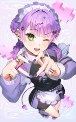  1girl ;d absurdres apron black_nails black_shorts blunt_bangs braid commentary demon_girl demon_tail double_bun ear_piercing earrings fangs floral_print_jacket four-finger_heart_hands full_body gashino gradient_hair green_eyes grey_leg_warmers hair_bun hair_ornament hairclip heart heart_hair_ornament heart_hands highres hololive jacket jersey_maid jewelry leg_warmers looking_at_viewer maid maid_apron maid_headdress medium_hair multicolored_hair multiple_rings nail_polish official_alternate_costume official_alternate_hairstyle one_eye_closed open_mouth piercing pink_hair pointy_ears purple_hair purple_shoes purple_sleeves raglan_sleeves ring shoes shorts simple_background smile sneakers solo spiked_ear_piercing symbol-only_commentary tail teeth tokoyami_towa tokoyami_towa_(8th_costume) track_jacket twin_braids unconventional_maid upper_teeth_only virtual_youtuber 