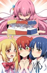  2koma 4girls black_bow blonde_hair blue_hair blush bocchi_the_rock! bow bowtie closed_eyes comic gotoh_hitori green_eyes hair_between_eyes highres hinghoi ijichi_nijika jewelry kita_ikuyo long_hair looking_at_viewer mole mole_under_eye multiple_girls neck_ribbon nose pink_hair red_bow red_hair ribbon ring school_uniform shirt short_hair sidelocks wedding_ring white_shirt yamada_ryo yellow_eyes yuri  rating:General score:19 user:Berenjena