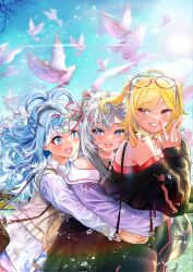  3girls absurdres bird blonde_hair blue_eyes blue_hair eyewear_on_head fang fingernails grey_hair head_ornament highres holoh3roes hololive hololive_indonesia kaela_kovalskia kobo_kanaeru light_blush lips long_hair medium_hair multicolored_eyes multicolored_hair multiple_girls red_eyes smile twitter_username v vestia_zeta virtual_youtuber water_drop zoru_pines 