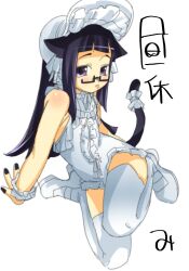  1girl animal_ears black_hair black_nails bonnet cat_ears cat_girl cat_tail center_frills frilled_bonnet frilled_leotard frilled_wrist_cuffs frills highres leotard long_hair looking_at_viewer nail_polish original purple_eyes semi-rimless_eyewear shoes short_bangs simple_background solo straight_hair tail thighhighs veloexotica white_background white_bonnet white_leotard white_shoes white_thighhighs wrist_cuffs 