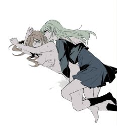  2girls bang_dream! bang_dream!_it&#039;s_mygo!!!!! black_socks blue_skirt breasts brown_hair chinese_commentary clothed_female_nude_female commentary_request e-fa-dorn fingering green_hair groping hair_ornament hairclip long_hair medium_breasts multiple_girls nagasaki_soyo nipples no_shoes nude school_uniform skirt socks sweat tsukinomori_school_uniform wakaba_mutsumi yuri 