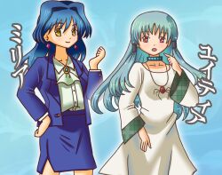  2girls ascot banshiryuu blue_hair blue_jacket blue_skirt character_name choker commentary_request dress earrings height_difference jacket jewelry light_blue_hair milia_(seihou) multiple_girls necklace open_mouth red_eyes seihou skirt smile white_dress yellow_eyes yuitia_(seihou) 