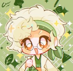  1girl :d black-framed_eyewear bright_pupils brown_eyes cauliflower_cookie chibi chibi_only chromatic_aberration coat cookie_run cookie_run:_ovenbreak erlenmeyer_flask film_grain flask glasses green_background green_hairband green_shirt hairband hand_up holding holding_flask humanization looking_at_viewer open_clothes open_coat open_mouth outline round_eyewear shirt short_hair smile solo sparkle toaster_oven upper_body v-neck white_coat white_hair white_outline white_pupils y_songmo 