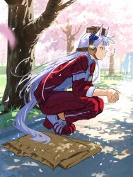  1girl animal_ears blue_bow blunt_bangs bow breasts cherry_blossoms dappled_sunlight day ear_bow ear_covers from_side full_body gold_ship_(umamusume) highres horse_ears horse_girl horse_tail jacket koppe_koppe legs_together long_hair medium_breasts musical_note outdoors own_hands_clasped own_hands_together pants pillbox_hat profile puckered_lips red_jacket red_pants red_shoes shoes sneakers solo squatting sunlight tail tiptoes tracen_training_uniform track_jacket tree turtleneck turtleneck_jacket umamusume very_long_hair watermark whistling white_hair yellow_eyes 