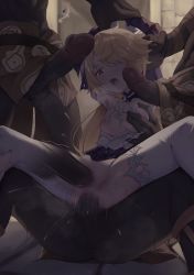  2girls 4boys absurdres anal arm_grab black_skin blonde_hair breasts colored_skin disembodied_penis double_penetration erection eyepatch fischl_(ein_immernachtstraum)_(genshin_impact) fischl_(genshin_impact) gangbang genshin_impact grabbing_another&#039;s_breast groping group_sex gueya hetero highres hilichurl_(genshin_impact) interspecies long_hair multiple_boys multiple_girls multiple_penises nipples one_eye_covered open_mouth paimon_(genshin_impact) penis penis_on_face pussy red_eyes restrained sex small_breasts solo_focus thighhighs torn_clothes uncensored vaginal white_hair white_thighhighs 