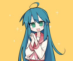  1girl :3 :d ahoge blue_hair blush_stickers fusazakura green_eyes highres izumi_konata long_hair lucky_star mole mole_under_eye open_mouth own_hands_together ryouou_school_uniform school_uniform serafuku simple_background smile solo 