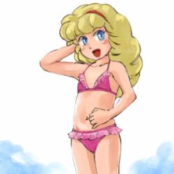  1girl 80s 80s_fashion armpits bikini bikini_bottom bikini_top blue_eyes child curly_hair eyelashes female female_juvenile frilled_bikini frills grabbing_own_hair green_hair gu_gu_ganmo hair_grab hairband legs linda_skylark looking_at_viewer oldschool pink_bikini pink_bikini_bottom pink_bikini_top pink_swimsuit red_hairband retro_artstyle smile swimsuit tomboy 