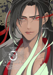 1boy anaprico bishounen black_hair black_hanfu chest_tattoo chinese_clothes closed_mouth collarbone english_text floral_background flower glowing glowing_eye grey_eyes hair_down hair_ribbon hanfu highres lips long_hair looking_at_viewer male_focus modao_zushi official_alternate_hairstyle parted_bangs portrait red_eyes red_ribbon ribbon solo tattoo twitter_username upper_body watermark wei_wuxian wei_wuxian_(yiling_laozu) 