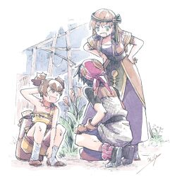  1girl 2boys androgynous arm_behind_back armor artist_name bandana bead_necklace beads black_hairband black_shirt brother_and_sister brown_gloves brown_hair chainmail chrono_cross dress furrowed_brow gloves gold_trim hairband hands_on_own_hips jewelry leena_(chrono_cross) michibata_65 multiple_boys necklace open_mouth orange_tunic purple_dress red_bandana scolding serge_(chrono_cross) shirt short_sleeves short_twintails siblings socks squatting sweatdrop tunic twintails una_(chrono_cross) white_socks yellow_shirt 