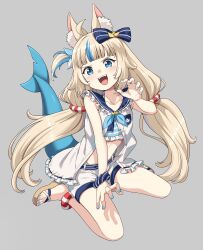  1girl ahoge animal_ears bikini blonde_hair blue_bikini blue_bow blue_eyes blue_hair blue_nails bow breasts brown_sandals cat_ears dress fins fish_girl fish_tail hair_bow highres indie_virtual_youtuber long_hair low_twintails multicolored_hair nail_polish open_mouth sameko_saba sandals small_breasts smile solo striped_bikini striped_clothes sutemeto swimsuit tail teeth twintails two-tone_hair upper_teeth_only very_long_hair virtual_youtuber white_dress 
