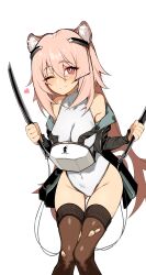  1girl absurdres animal_ear_fluff animal_ears arknights armor black_jacket blush breastplate breasts cleavage commentary_request dual_wielding full_body gravel_(arknights) hair_between_eyes hair_ornament hairclip headset heart highres holding holding_weapon jacket kinbakuman legs_together long_hair looking_at_viewer microphone navel nose_blush off-shoulder_jacket off_shoulder one_eye_closed open_clothes open_jacket pantyhose pink_eyes pink_hair short_sword skindentation smile solo sword thighhighs torn_clothes torn_pantyhose unitard weapon white_background 