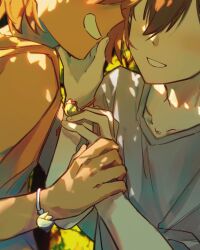  2boys absurdres bailan1130 bare_shoulders blush bracelet collared_shirt dappled_sunlight dark-skinned_male dark_skin day face-to-face faceless faceless_male fingernails grey_shirt grin hand_on_another&#039;s_chin hand_on_another&#039;s_hand hands_up highres interracial jewelry kel_(faraway)_(omori) kel_(omori) male_focus multiple_boys omori orange_tank_top outdoors profile shirt sideways_mouth smile sunlight sunny_(omori) t-shirt tank_top upper_body yaoi 