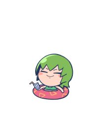  1girl blush_stickers chibi closed_eyes closed_mouth commentary cup drink drinking_straw foo_fighters_(jojo) green_hair green_tank_top highres holding holding_cup innertube jojo_no_kimyou_na_bouken kabutom_ue_shi short_hair smile solo stone_ocean swim_ring swimsuit symbol-only_commentary tank_top v-shaped_eyebrows white_background 