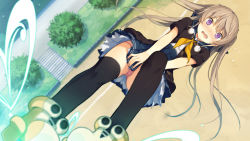  10s 1girl akinashi_yuu ao_no_kanata_no_four_rhythm arisaka_mashiro blush brown_hair female_focus game_cg long_hair outdoors panties pink_panties purple_eyes skirt solo sprite_(company) thighhighs twintails underwear  rating:Questionable score:21 user:Aurora_