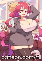  1girl absurdres black_thighhighs breasts cleavage cup eyelashes female_focus highres horn huge_breasts ilulu_(maidragon) kobayashi-san_chi_no_maidragon looking_at_viewer matching_hair/eyes office_lady open_mouth pointy_ears red_eyes red_hair rtil shiny_clothes shirt skindentation smile solo standing thick_thighs thighhighs thighs white_shirt wide_hips zettai_ryouiki 