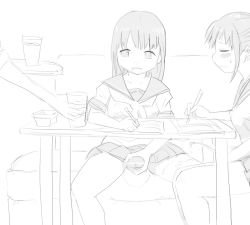  2futa book breasts censored cum cum_on_body cum_on_legs cup drink ejaculation futanari handkerchief masturbation medium_breasts multiple_futa nightingale_(extinct_canis) penis shirt skirt stealth_masturbation table writing 
